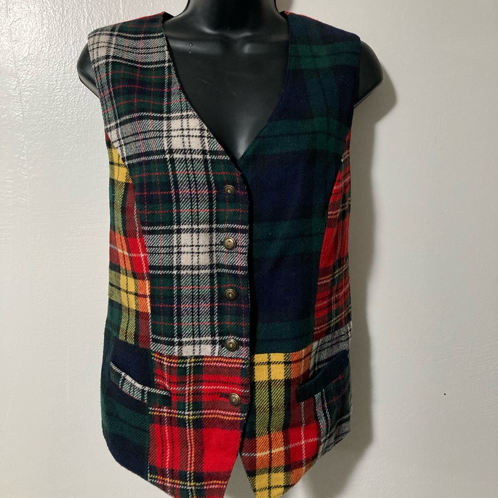 Vtg Plaid Patchwork Button Vest - image 1